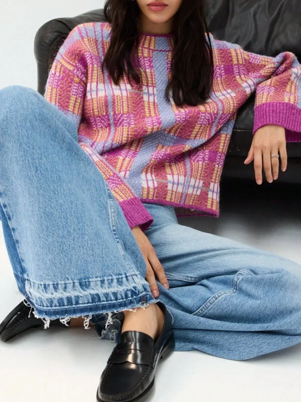 Red Violet Casual Women's Brushed Plaid Knit Sweater With Crew Neck